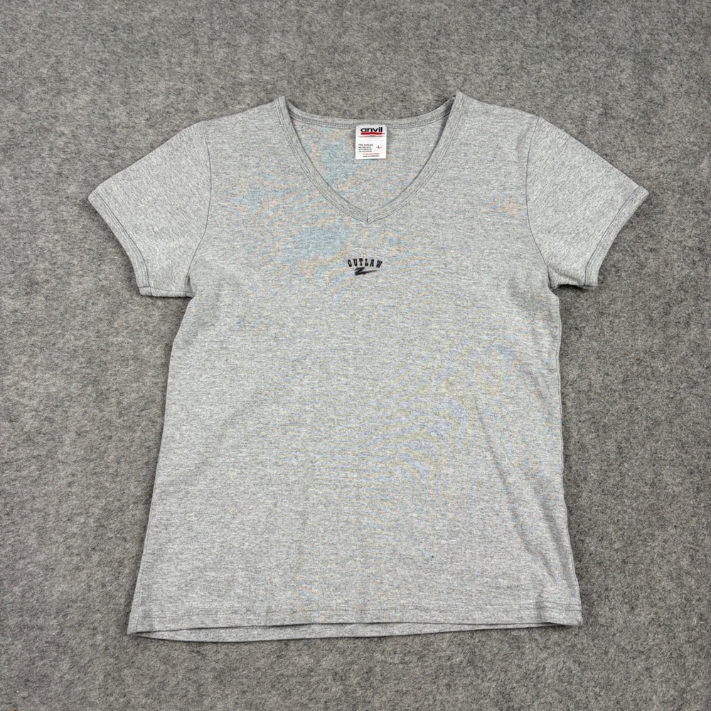 Vintage Y2K Western Outlaw T Shirt Women Large Gray Graphic V-Neck Cowboy Bike